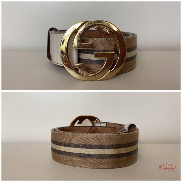 Authentic Gucci Web Canvas Leather Gold Interlocking G Buckle Belt 80/32 114876 - Picture 3 of 13